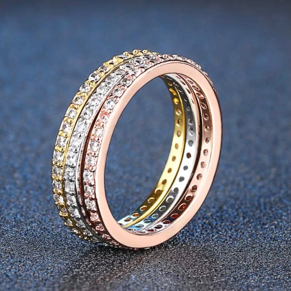 Pave Eternity Crystal Trio 3pc Rose Gold - Silver - Gold Ring Band Set Size 5
